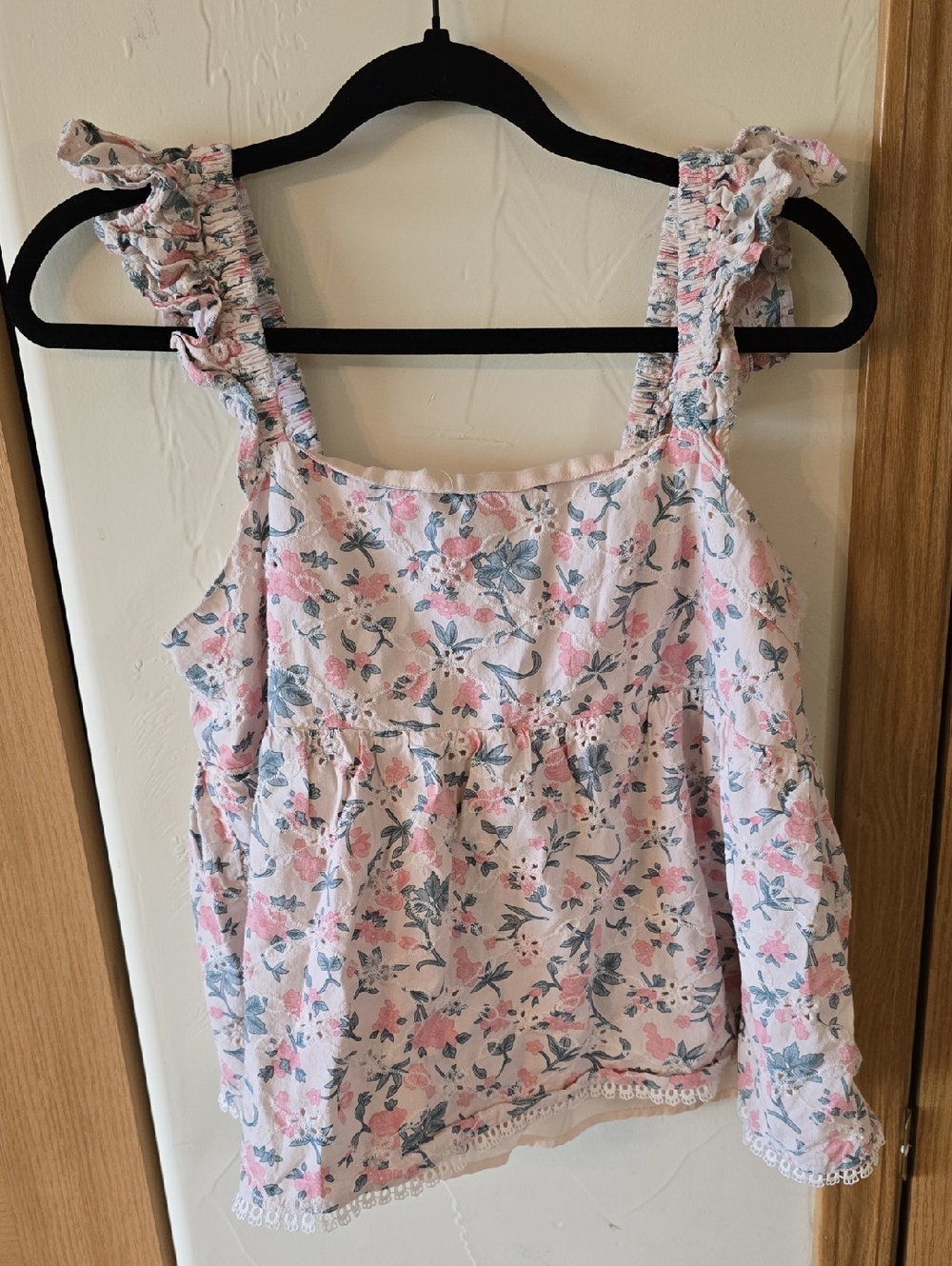 Floral Ruffle Strap Tank Top - Pink/Blue